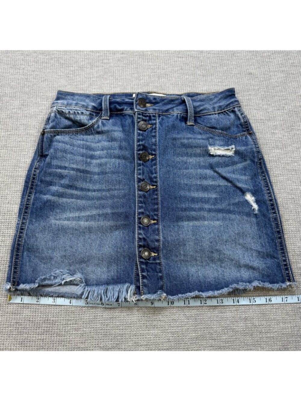 Mudd Denim Skirt Womens Size 1 Blue Distressed Button Front FLX Stretch Raw Hem - Picture 11 of 12